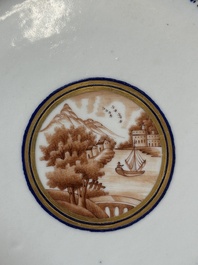 A Chinese blue-and-orange-enameled plate with a harbor view, Jiaqing