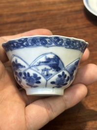 Four Chinese blue and white saucers and an 'erotic' cup, Kangxi