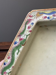A pair of hexagonal Chinese Canton famille rose jardinieres on stands, 19th C.