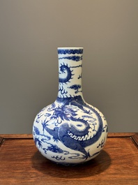 A Chinese blue and white 'dragon' bottle vase, Yongzheng mark, 19th C.