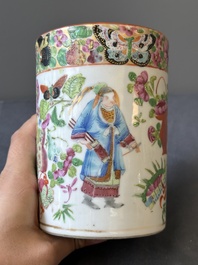 A pair of Chinese reticulated Canton famille rose brush pots, 19th C.