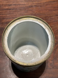 A Chinese famille verte cylindrical box and cover with gilt bronze mount, Kangxi