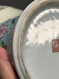 A Chinese famille rose dish with figural design and a 'rice production' vase, Qianlong mark, 20th C.