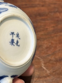 A Chinese blue and white 'Long Eliza' teapot and cover, Chenghua mark, Kangxi