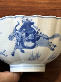Bol en porcelaine de Chine en bleu et blanc &agrave; d&eacute;cor de la chasse mongole, marque de Chenghua, Kangxi