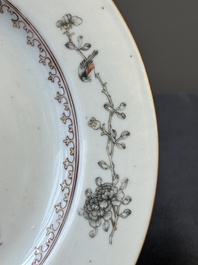 A Chinese grisaille armorial dish and two plates for the Dutch, English and Scottish markets, Qianlong