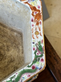 A pair of hexagonal Chinese Canton famille rose jardinieres on stands, 19th C.