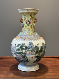 A Chinese famille rose vase with a mountainous landscape, Qianlong mark, Republic