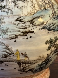 A Chinese famille rose 'hu' vase with mountainous landscape, signed Wang Xiaoting 汪小亭, dated 1943