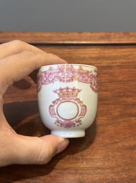 A 28-piece Chinese puce-enamelled and gilt armorial tea service with crowned monograms, Qianlong