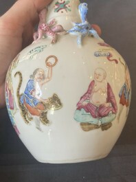 A Chinese famille rose '18 Luohan' bottle vase, 19th C.