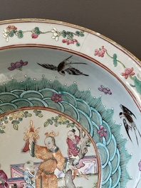 A Chinese famille verte dish, a famille rose basin and a dish, 19th C.