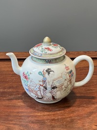 A fine Chinese famille rose teapot with a cat, lady and child, Yongzheng