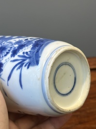 A Chinese blue and white rouleau vase and a tripod censer, Kangxi