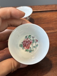 Nine Chinese famille rose cups and eight saucers, Yongzheng/Qianlong