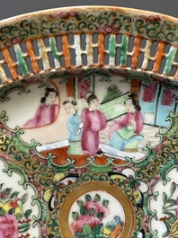 A Chinese Canton famille rose reticulated basket on stand and a bowl with gilt bronze mounts, 19th C.
