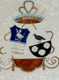 A Chinese grisaille armorial dish and two plates for the Dutch, English and Scottish markets, Qianlong