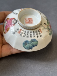 Een Chinese famille rose 'Wu Shuang Pu' dekselkom, vier deksels en een schotel, Daoguang/Xianfeng