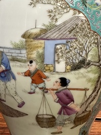 A Chinese famille rose dish with figural design and a 'rice production' vase, Qianlong mark, 20th C.