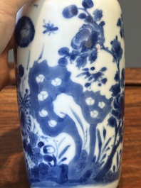 A Chinese blue and white rouleau vase and a tripod censer, Kangxi