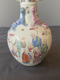 A Chinese famille rose '18 Luohan' bottle vase, 19th C.
