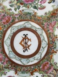 A pair of Chinese Canton famille rose monogrammed plates and a large '100 butterflies' tray, 19th C.