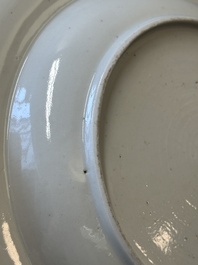 A rare Chinese Canton famille rose plate with a blue-glazed border, 19th C.
