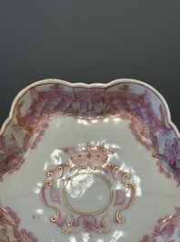 A 28-piece Chinese puce-enamelled and gilt armorial tea service with crowned monograms, Qianlong