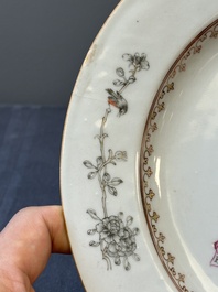 A Chinese grisaille armorial dish and two plates for the Dutch, English and Scottish markets, Qianlong