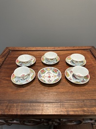 Five Chinese famille rose cups and six saucers with floral decor, Yongzheng/Qianlong