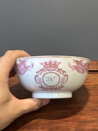 A 28-piece Chinese puce-enamelled and gilt armorial tea service with crowned monograms, Qianlong