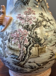 A Chinese famille rose 'hu' vase with mountainous landscape, signed Wang Xiaoting 汪小亭, dated 1943