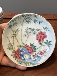 Nine Chinese famille rose cups and eight saucers, Yongzheng/Qianlong