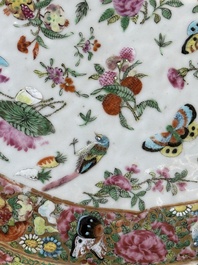 A pair of Chinese Canton famille rose monogrammed plates and a large '100 butterflies' tray, 19th C.