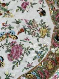 A pair of Chinese Canton famille rose monogrammed plates and a large '100 butterflies' tray, 19th C.