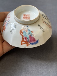 Een Chinese famille rose 'Wu Shuang Pu' dekselkom, vier deksels en een schotel, Daoguang/Xianfeng