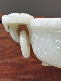 An important Chinese chrysanthemum-shaped very pale celadon jade marriage bowl, 18th C.