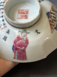 Een Chinese famille rose 'Wu Shuang Pu' dekselkom, vier deksels en een schotel, Daoguang/Xianfeng