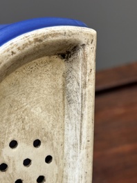 A pair of Chinese monochrome blue-glazed wall pocket vases, 19/20th C.