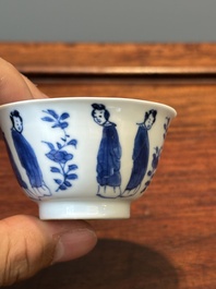 Six Chinese blue and white 'Long Eliza' cups and saucers, various marks, Kangxi