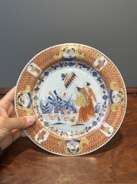 Three Chinese Imari-style 'Parasol ladies' plates after Cornelis Pronk, Qianlong