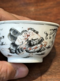 Five Chinese export grisaille cups and a milk jug, Qianlong