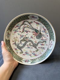 A Chinese famille verte dish, a famille rose basin and a dish, 19th C.