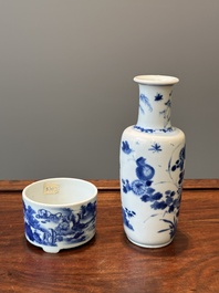 A Chinese blue and white rouleau vase and a tripod censer, Kangxi