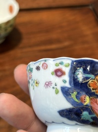 Collection de sept pi&egrave;ces en porcelaine de Chine famille rose &agrave; d&eacute;cor de feuilles de tabac, Qianlong