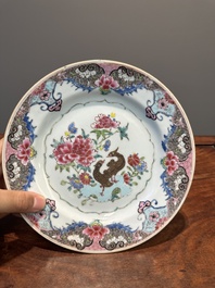 Four Chinese famille rose plates with flowers and animals, Yongzheng/Qianlong