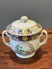 A rare Chinese Canton famille rose covered sugar bowl, a cup and saucer, 19th C.