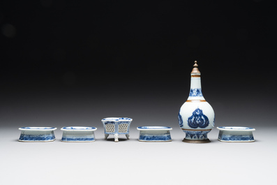 Five Chinese blue and white salts and a sprinkler with copper mounts, Kangxi/Jiaqing