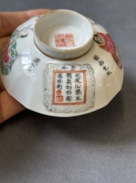 Een Chinese famille rose 'Wu Shuang Pu' dekselkom, vier deksels en een schotel, Daoguang/Xianfeng