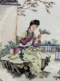 A Chinese famille rose dish with figural design and a 'rice production' vase, Qianlong mark, 20th C.